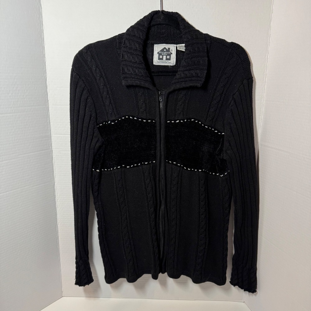 Storybook Knits Womens Black Full Zip Cable Knit Cardigan Sweater Velvet Large
